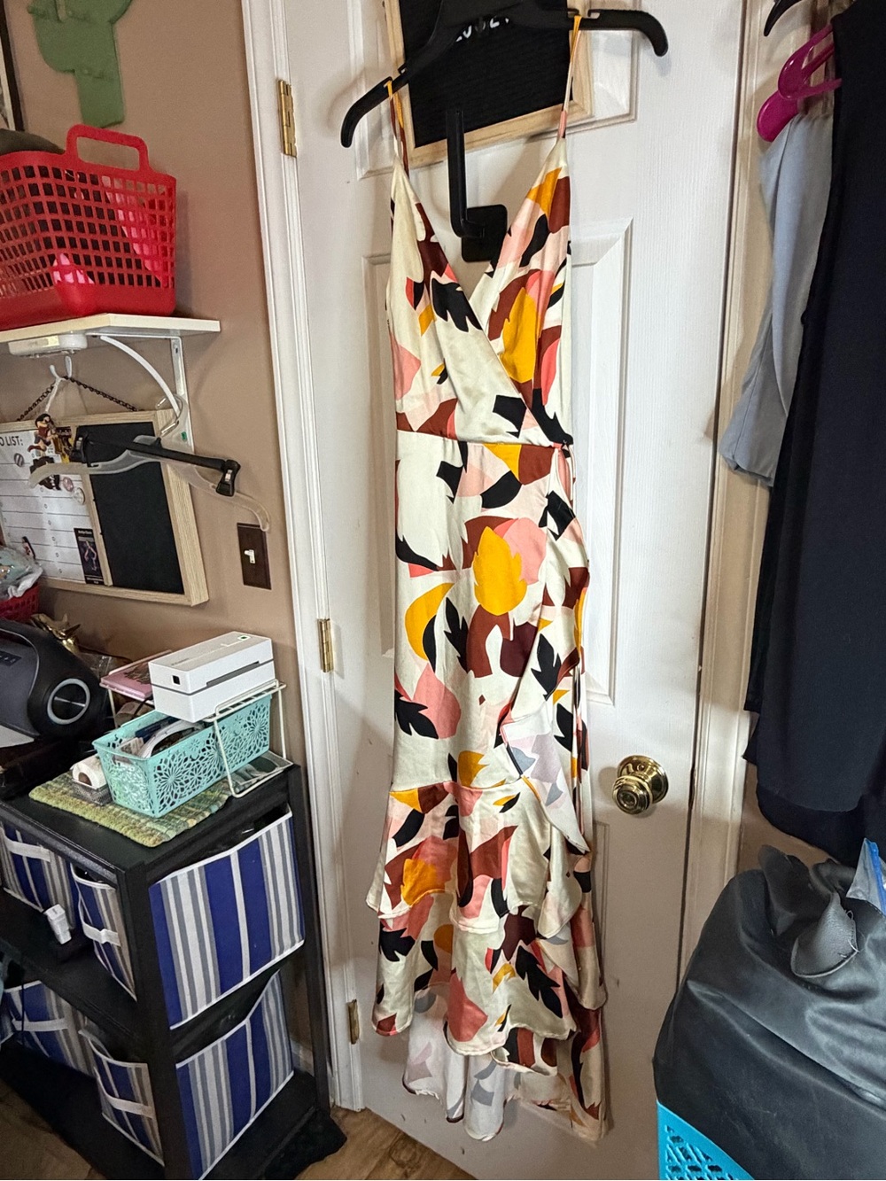 Nine West Floral High-Low Wrap Dress in Cream, Pink, Yellow, Black